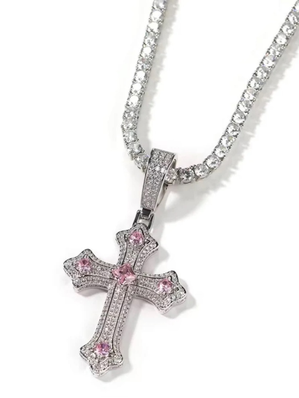 Silver Cross Pendant Necklace with Pink Stones 16inch